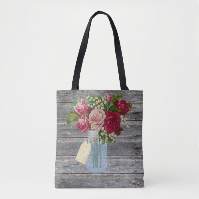 Tote Bag Barnwood et roses dans l'étiquette de sourire de (Devant)