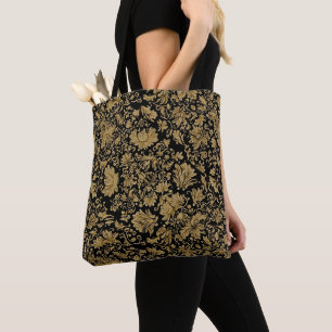 Tote Bag Baroque Floral Doré Tout sur Fond Noir