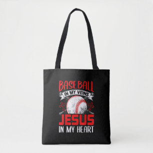 Tote Bag Baseball Dans Mes Veines Jésus Dans Mon Coeur Base