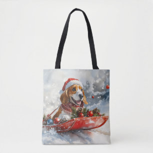 Tote Bag Basset Hound Dog in Sledge Let it Neige Noël