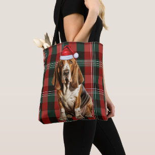 Tote Bag Basset Hound Noël Chien Rouge Carreaux Saisonniers