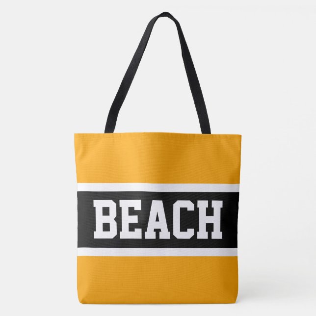 Tote Bag BEACH Text Gras Bright Jaune Noir Blancs (Devant)