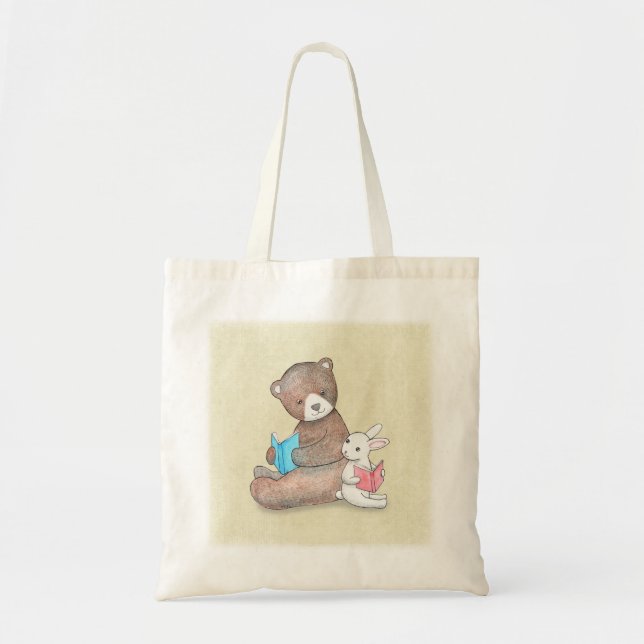 Tote Bag Bear and Bunny Reading Books Bookworm Library book (Devant)