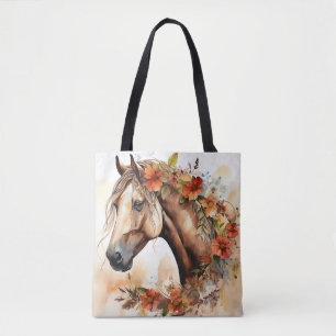 Tote Bag Beau Cheval aux jolies fleurs Aquarelle
