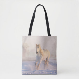 Tote Bag Beau Cheval blanc en pleine neige