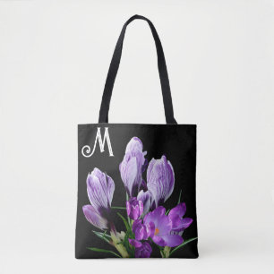 Tote Bag beau M monogramme joli fleurs de crocus pourpre