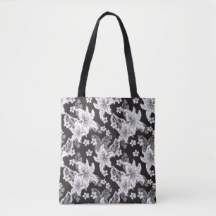 Tote Bag Beau motif de fleurs noir et blanc