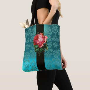 TOTE BAG BEAU ROSE ROSE ROSE TURQUOISE AQUA BLEU BLEU DAMAS