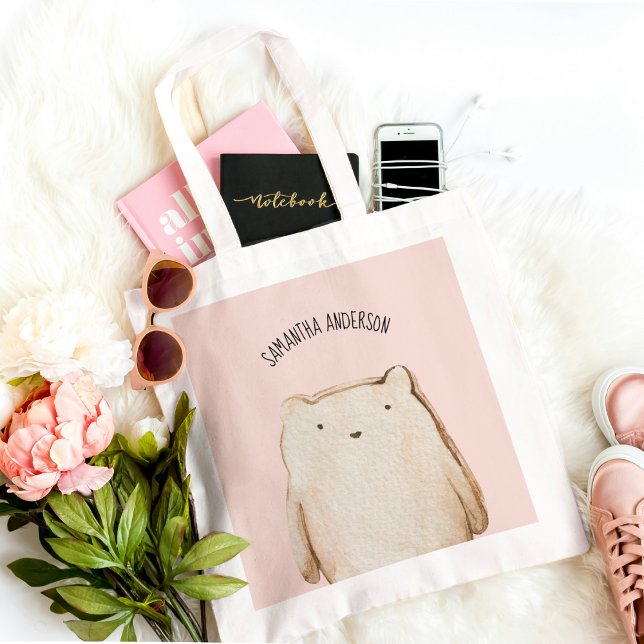 Tote Bag Beauté Moderne Pastel Ours Rose Avec Nom (Créateur téléchargé)