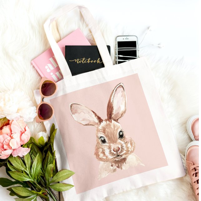 Tote Bag Beauté moderne Pastel Rose Aquarelle Bunny Lovely (Créateur téléchargé)