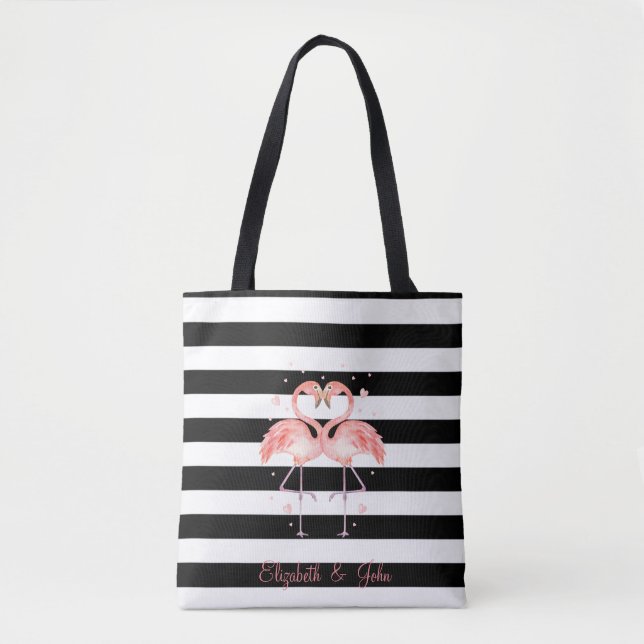 Tote Bag Beaux Flamants roses En Amour, Blancs Noir (Devant)