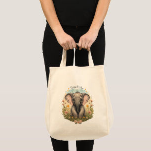 Tote Bag Bébé éléphant mignon Curiosité pour les fleurs sau