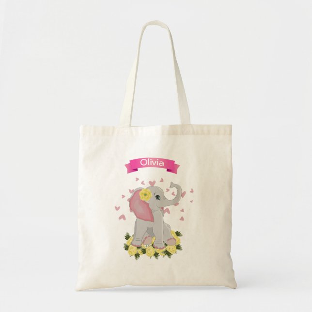 Tote Bag Bébé mignon Aquarelle Eléphant Baby shower Floral (Devant)