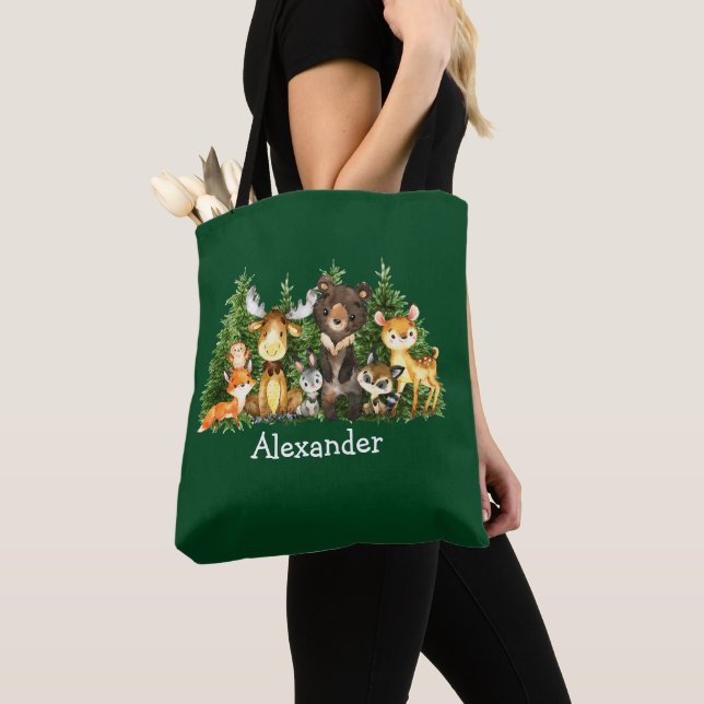 Tote Bag Bébé Noël Bois Animaux Bécasseaux verts (De près)