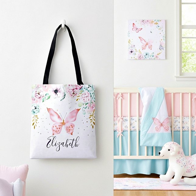 Tote Bag Bébé papillon et fleurs pastel (Créateur téléchargé)