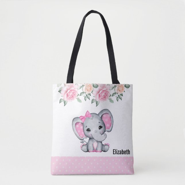 Tote Bag Bébé rose mignon éléphant et frontière Rose (Devant)