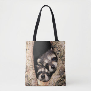 Tote Bag Bébés ratons laveurs regardant hors d'un arbre