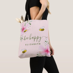 Tote Bag Bee Happy bumble abeilles rose or fleuri monogramm