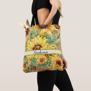 Tote Bag Belle aquarelle Motif de tournesol Monogramme