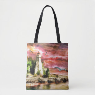 Tote Bag Belle aquarelle phare scène