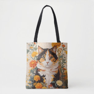 Tote Bag Belle Chat Calico Avec Fleurs Marigold