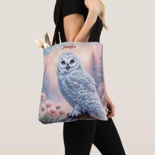 Tote Bag Belle Chouette des neiges, fleurs roses. Nom modif