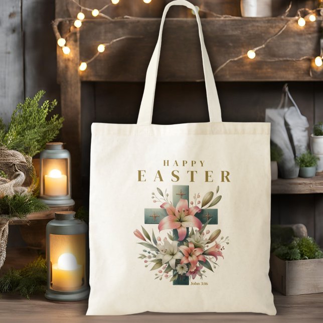 Tote Bag Belle Croix Florale Joyeux Pâques chrétien (Beautiful Floral Cross Happy Easter Christian Tote Bag)