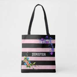 Tote Bag belle fleur violet Floral Black Pink bande