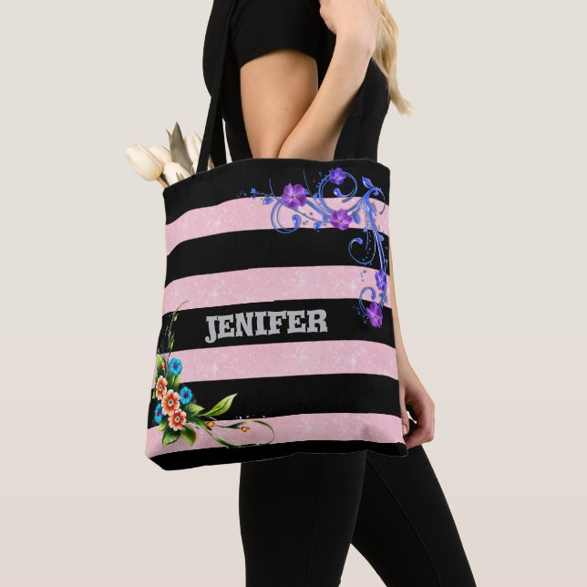 Tote Bag belle fleur violet Floral Black Pink bande (De près)