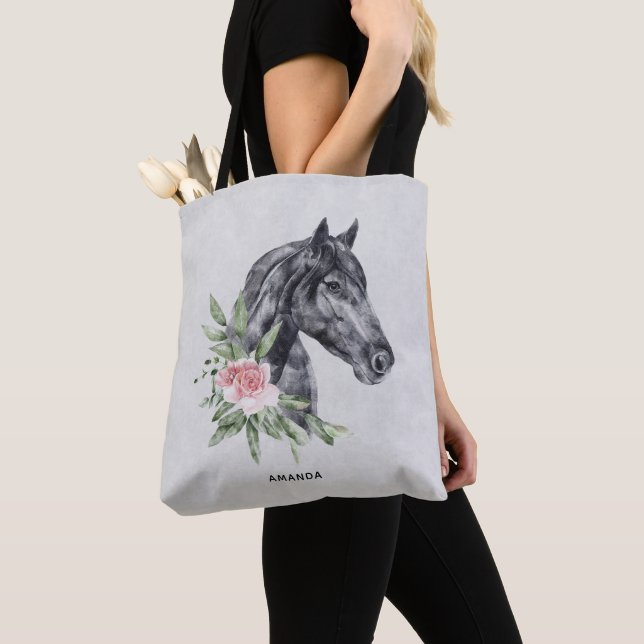 Tote Bag Belle tête de cheval Portrait d'aquarelle sur gris (De près)