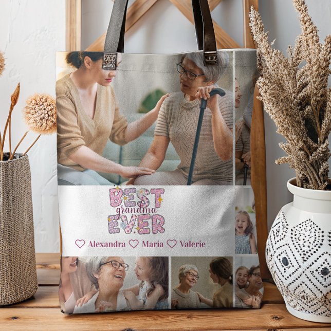 Tote Bag Best Grandma Ever Floral 6 Photo Collage (Créateur téléchargé)