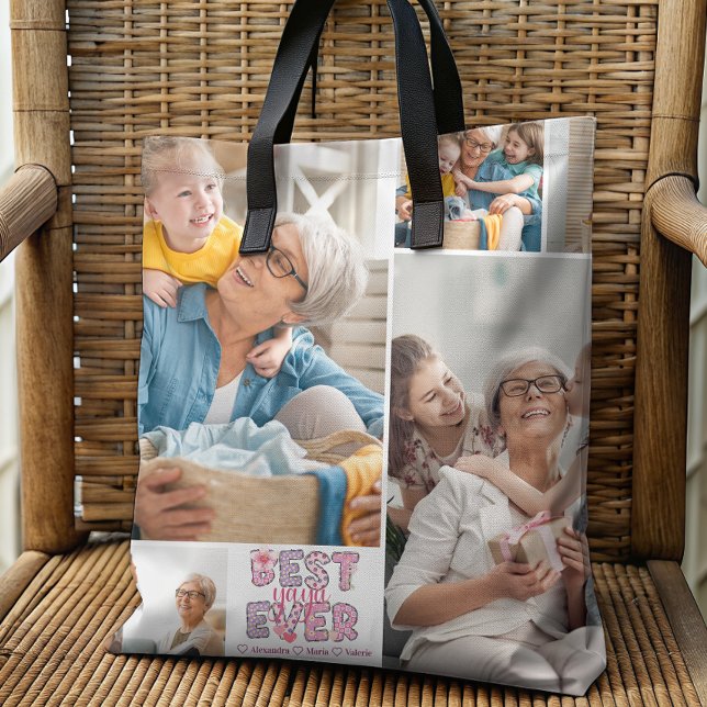 Tote Bag Best Yaya Ever Floral 4 Photo Collage (Créateur téléchargé)
