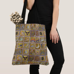 TOTE BAG BESTIAIRE MÉDIÉVAL, ANIMAUX FANTASTIQUES, ROUGE D'