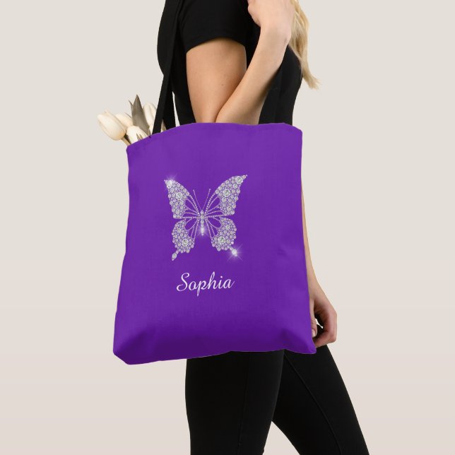 Tote Bag Beurre Diamant Blanc, Nom Du Script, Violet (De près)