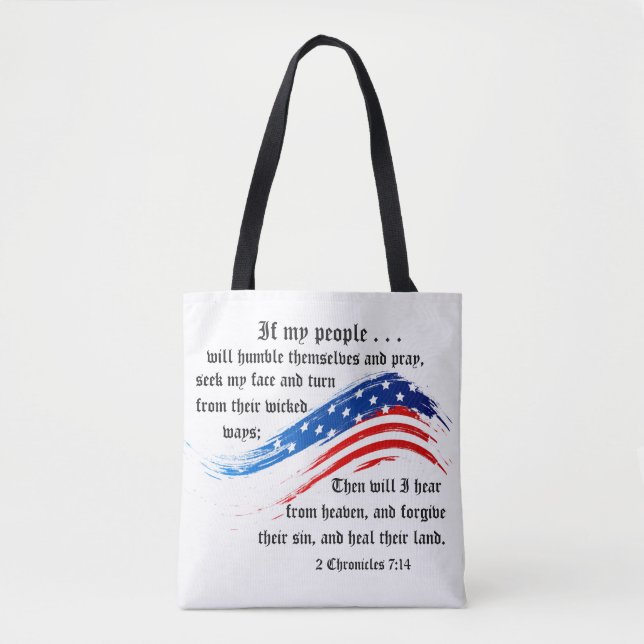 Tote Bag Bible Verse 2 Chroniques 7:14, États-Unis Drapeau, (Devant)