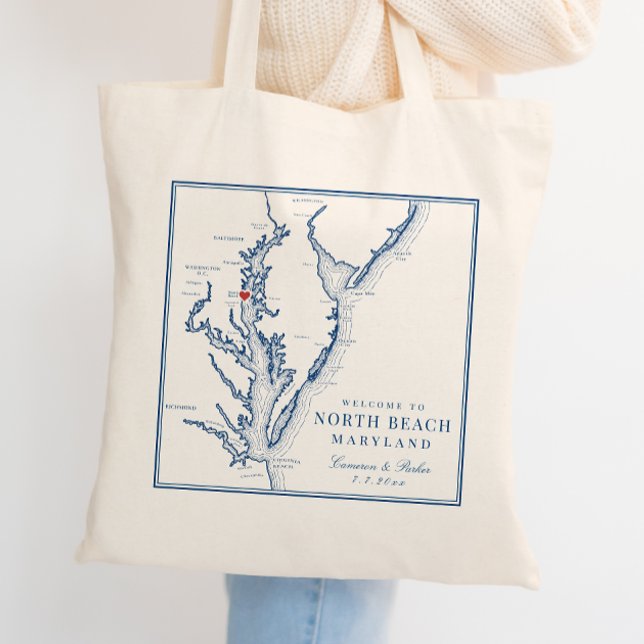 Tote Bag Bienvenue à North Beach Maryland Mariage élégant (Welcome To North Beach Maryland Wedding Tote Bag in elegant navy blue from Coastal Map Designs)