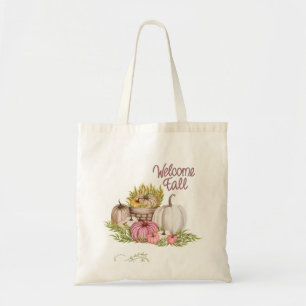 Tote Bag Bienvenue Citrouilles blancs rose automne
