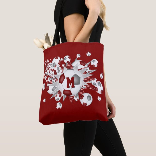 Tote Bag billes de football gris marron étoiles monogrammed (De près)