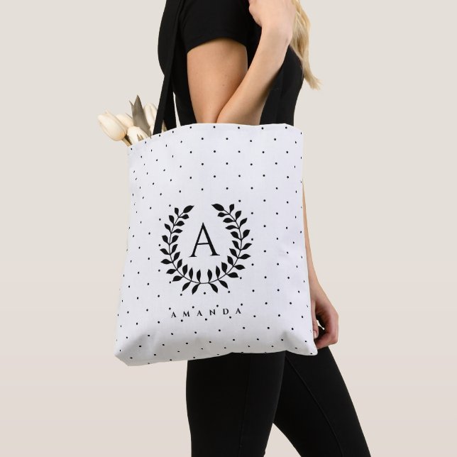 Tote Bag Black And White Laurel Monogram Polka Dot Pattern (De près)