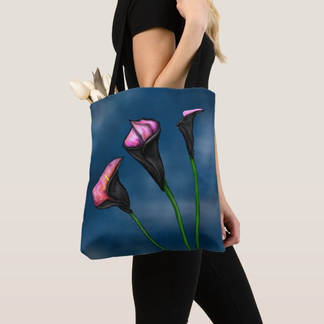 Tote Bag Black Calla Lilies Pink Centre (De près)