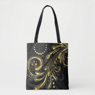 Tote Bag Black Floral Damask Et Gold Swirl