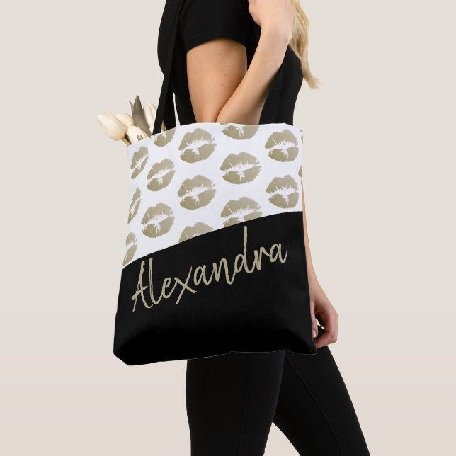 Tote Bag Black Gold Lips Kiss Motif Moderne Personnalisé (De près)