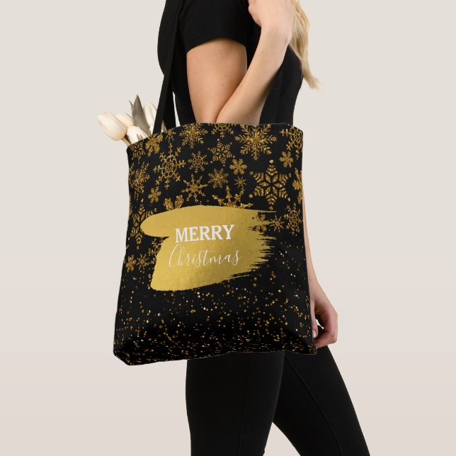Tote Bag Black & Gold Snowflakes Étoiles Joyeux Noël (De près)
