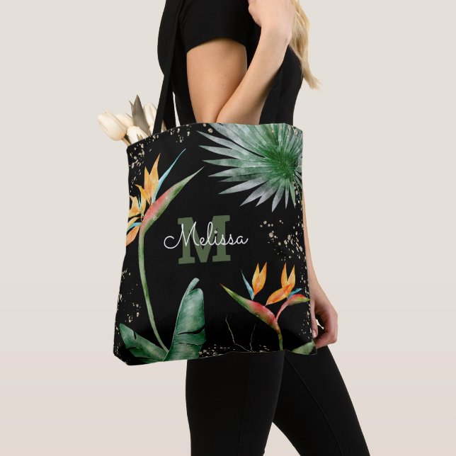 Tote Bag Black Gold Tropical Island Floral Monogramme Scrip (De près)