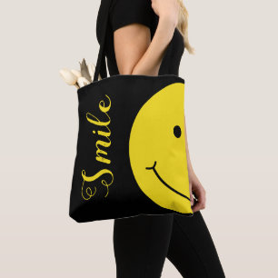 Tote Bag Black Grinning Smile Yellow Face Typographie
