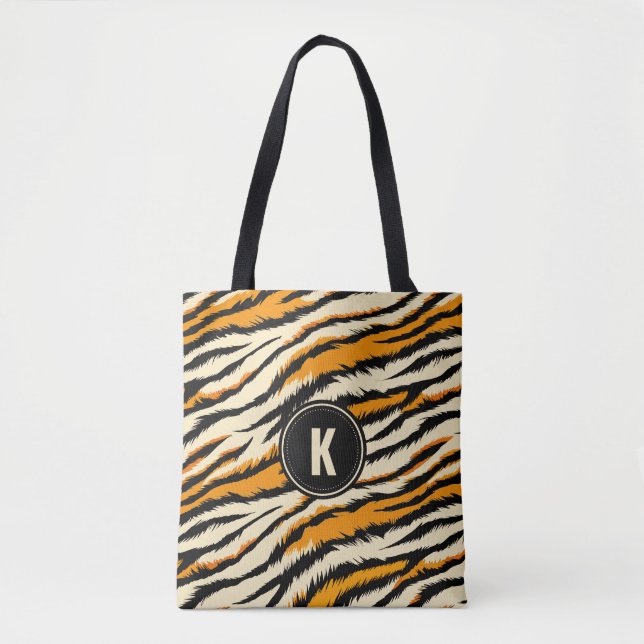 Tote Bag Black Orange Tiger Stripes Pattern Monogram (Devant)