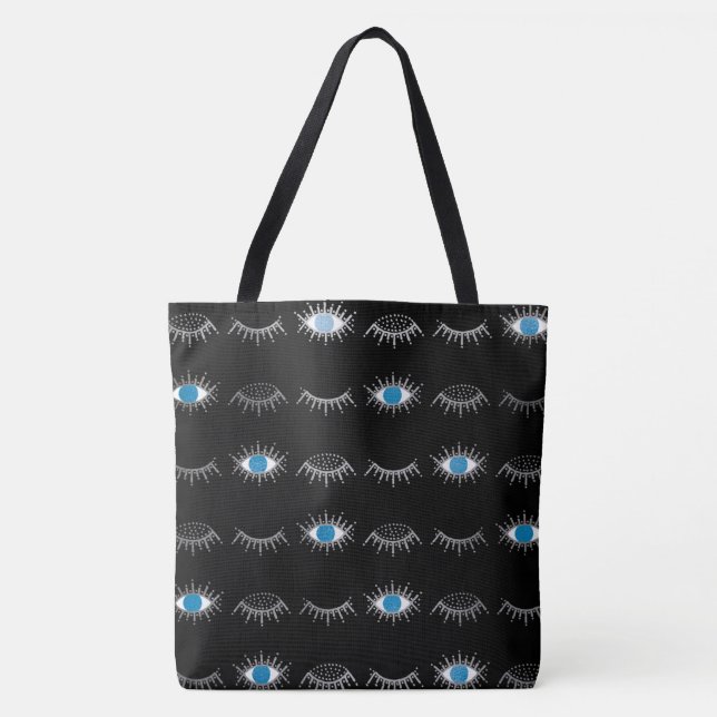 Tote Bag Black & Silver Blue Evil Eye Eyelashes Nazar Mati (Devant)