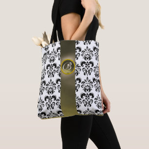 TOTE BAG BLACK WHITE DAMASK FLORAL, GRIS MONOGRAMME EN PIER