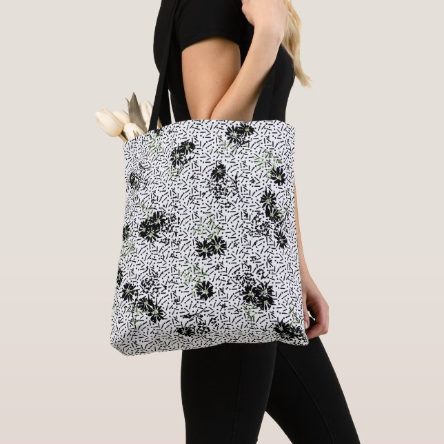 Tote Bag Black White Floral Wallpaper Dark Elegant Design (De près)