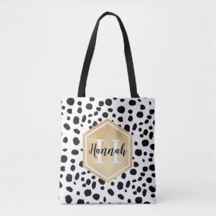 Tote Bag Black White Spots Motif Gold Monogramme